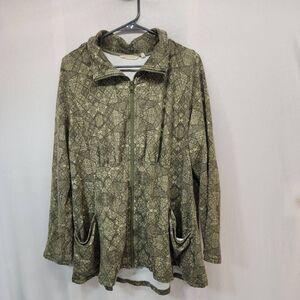 Soft Surroundings Size XL Green Long Sleeve Ruched Front Zip Up Jacket Geometric
